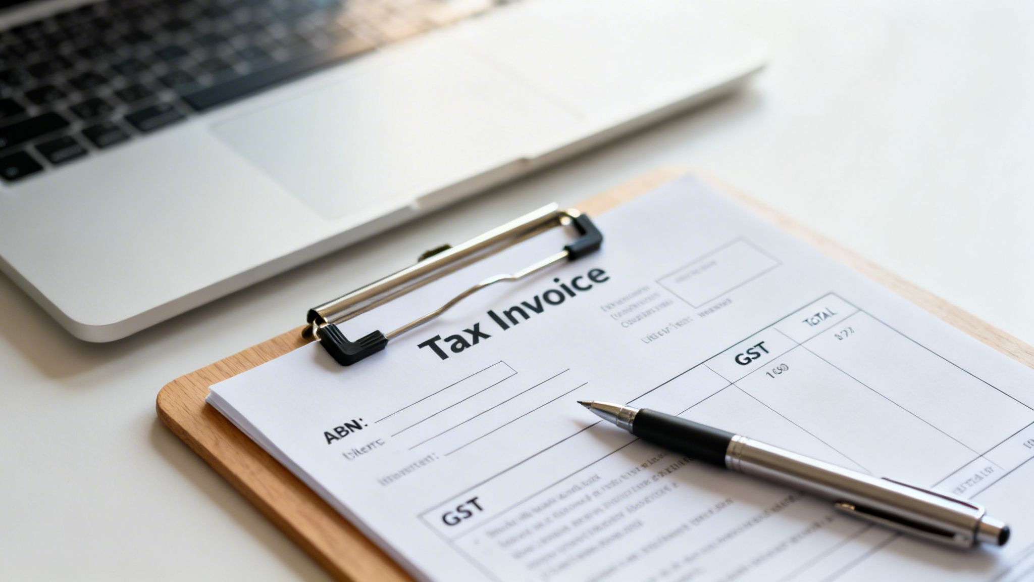 A tax invoice document on a clipboard with a pen and a laptop in the background, focusing on GST and total figures.