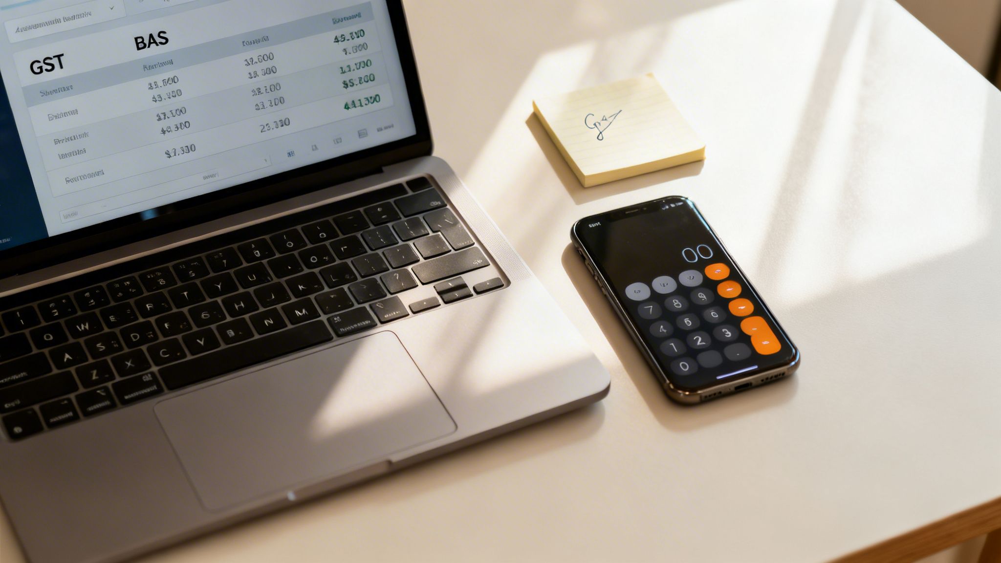 A laptop displaying a financial document with GST and BAS, a smartphone calculator, and sticky notes on a desk.