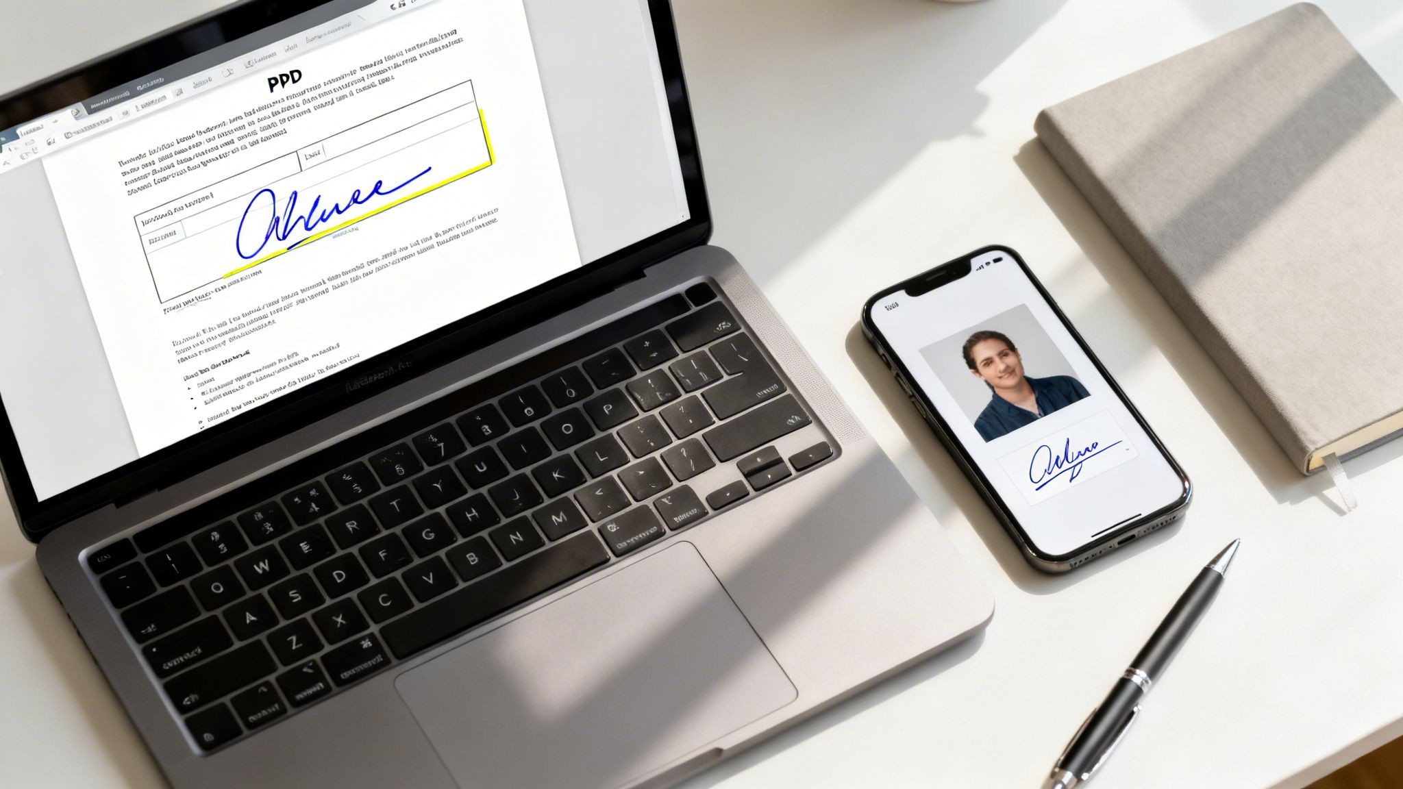 A laptop, smartphone, notebook, and pen on a desk, showing electronic signatures on screens.