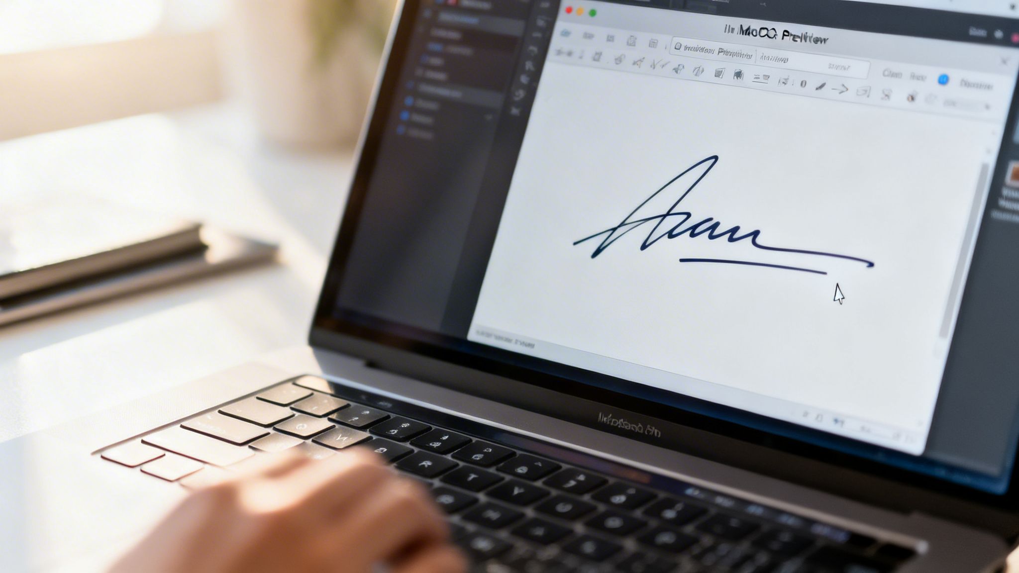 Person electronically signing a document on a laptop screen with a digital signature and mouse cursor.