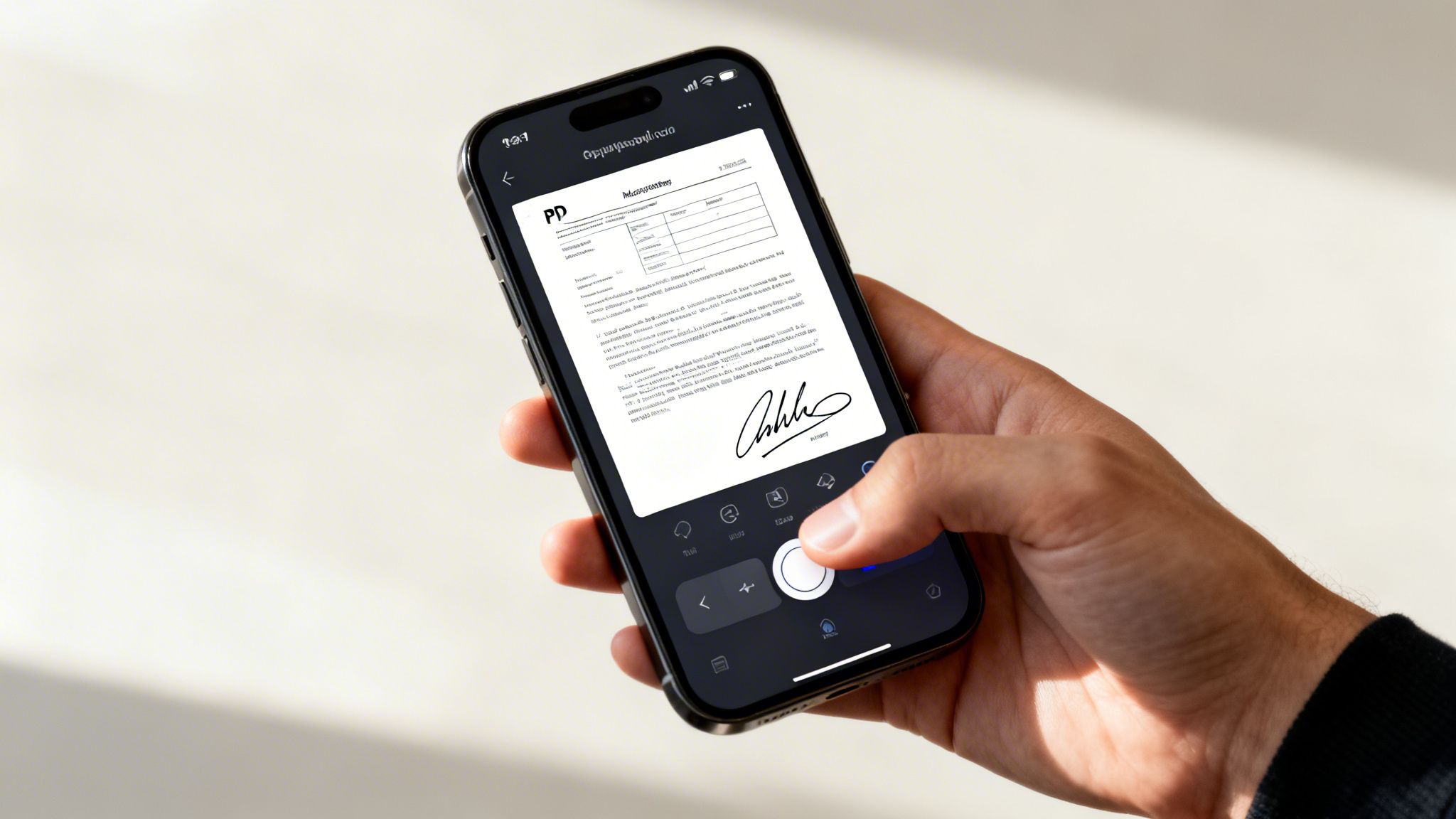 Close-up of a hand holding an iPhone, showing a document with an electronic signature.