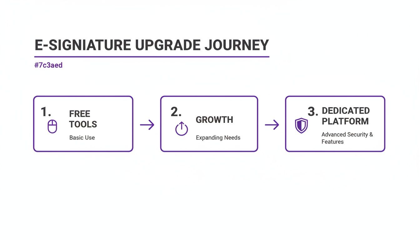 E-signature upgrade journey infographic showing steps: Free Tools, Growth, and Dedicated Platform.