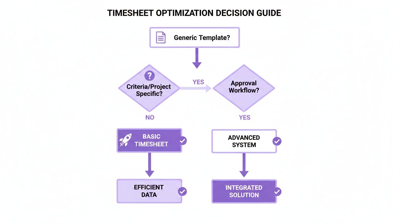 A decision guide flowchart for timesheet optimization, leading to basic or advanced solutions.