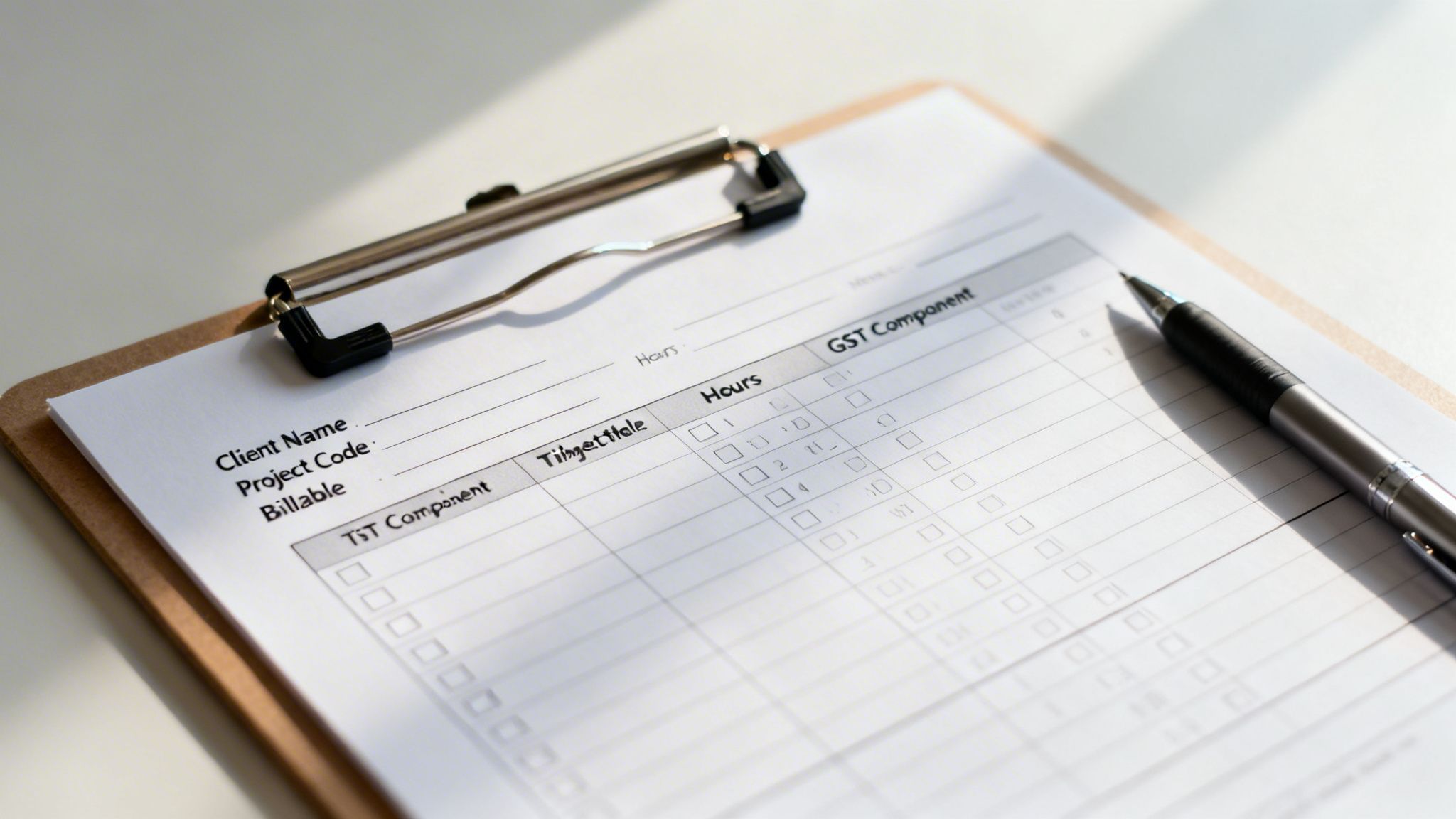 A close-up of a timesheet document on a clipboard with a pen, detailing client and project information.