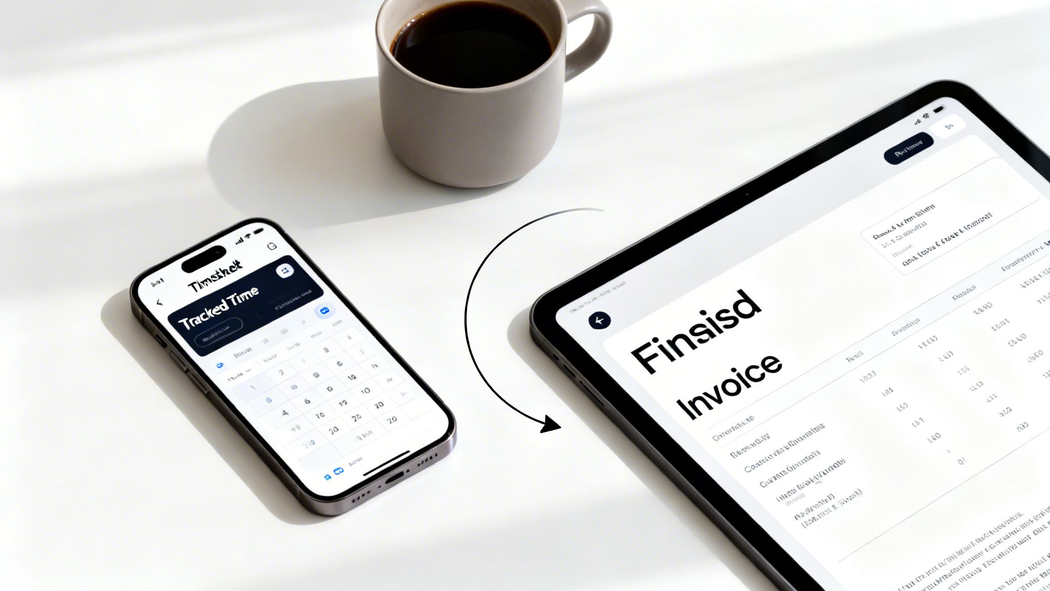 A smartphone displaying a time tracking app and a tablet showing a digital invoice, representing workflow.