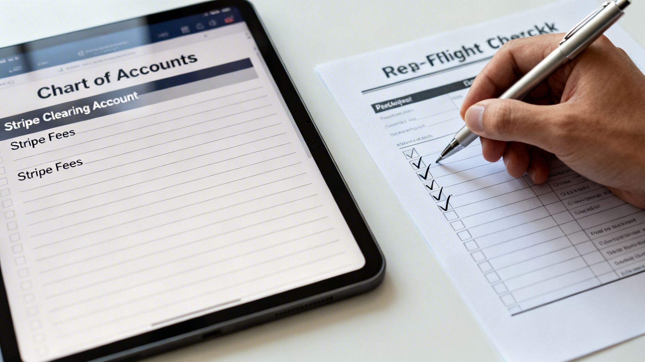 Hand checking a paper checklist while a tablet displays a 'Chart of Accounts' with Stripe fees.