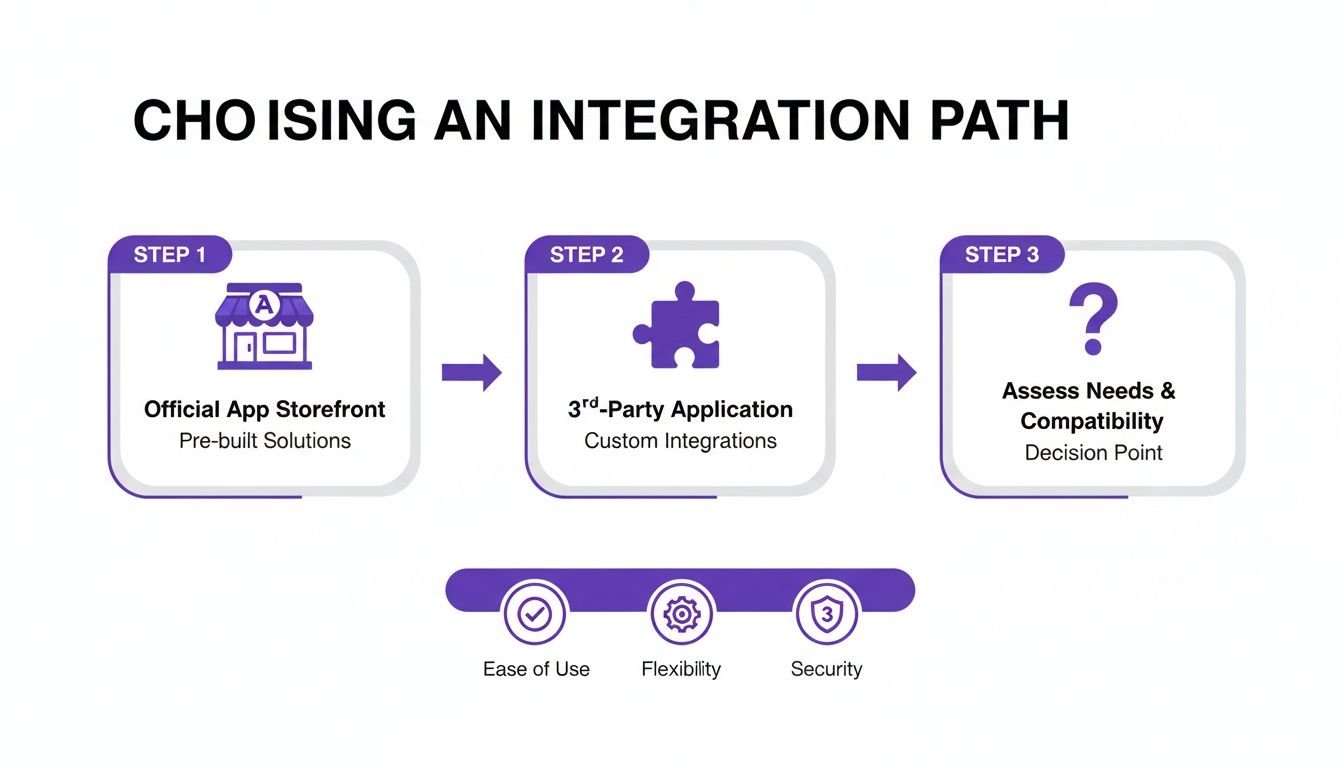 Infographic detailing three steps for choosing an integration path: pre-built, custom integrations, and assessment. Emphasizes ease, flexibility, security.