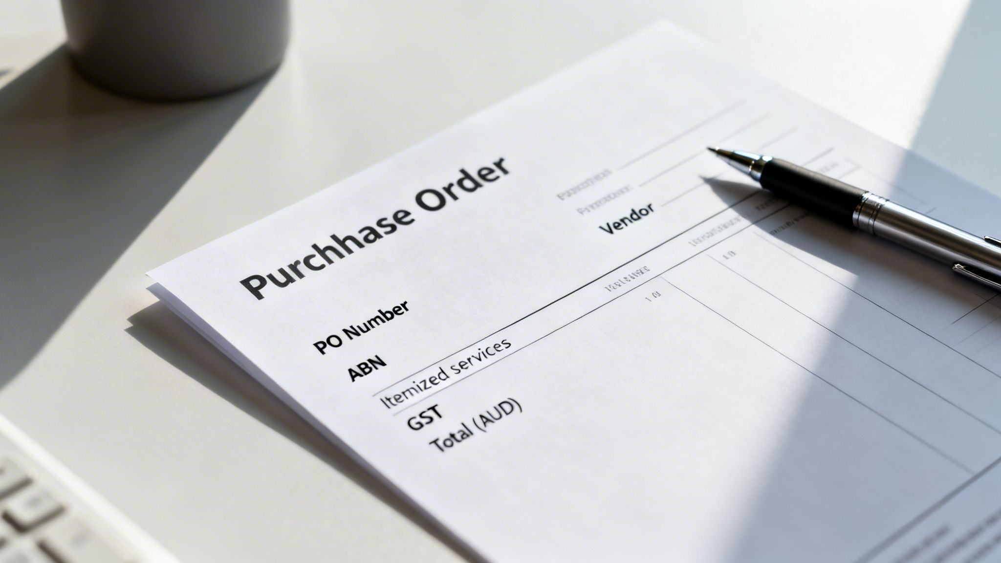 A close-up of a Purchase Order document on a light desk with a pen, ready for business transactions.