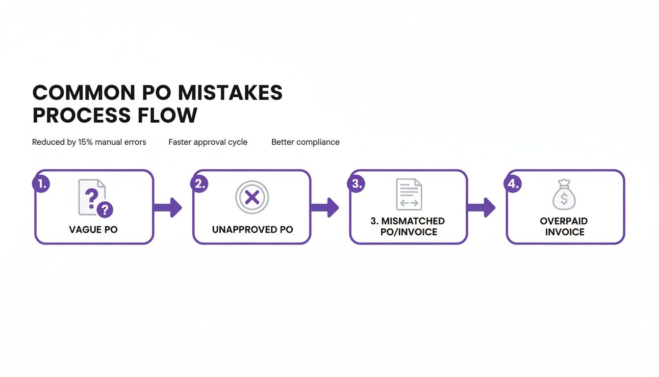 A process flow chart illustrating common purchase order mistakes, including vague, unapproved, mismatched, and overpaid invoices.