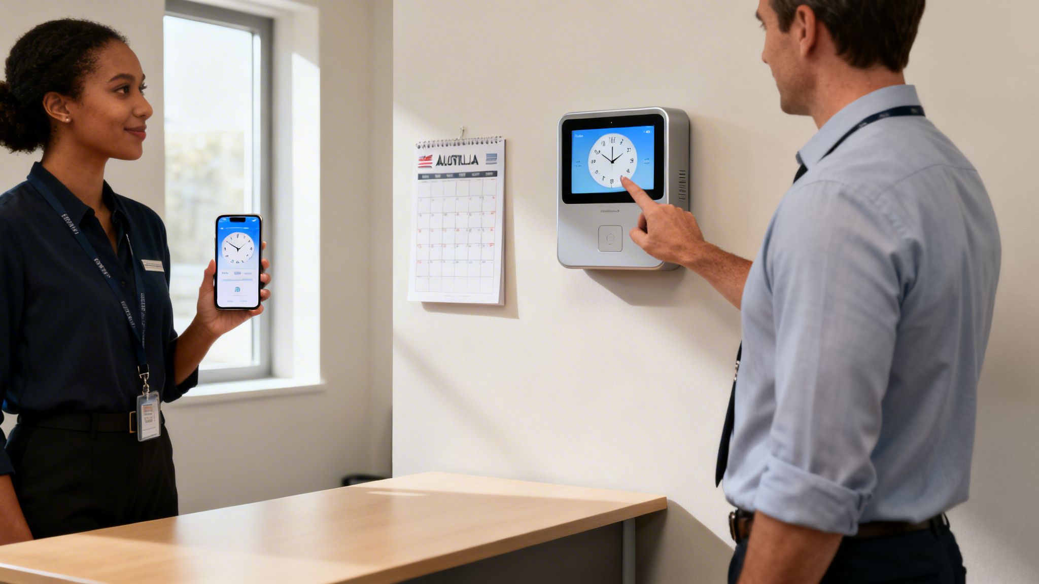 Two employees use a modern time clock system, one on a smartphone and the other on a wall device.