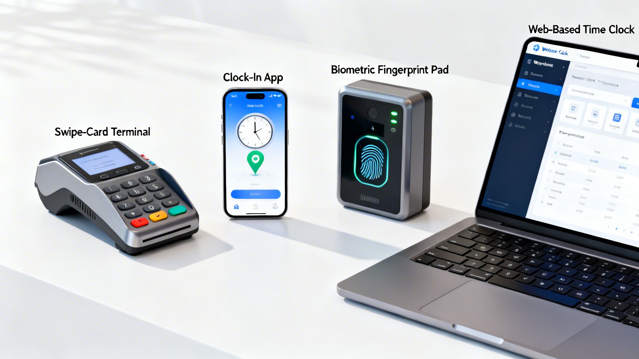 Modern employee time clock solutions, including a swipe-card terminal, app, biometric reader, and web platform.