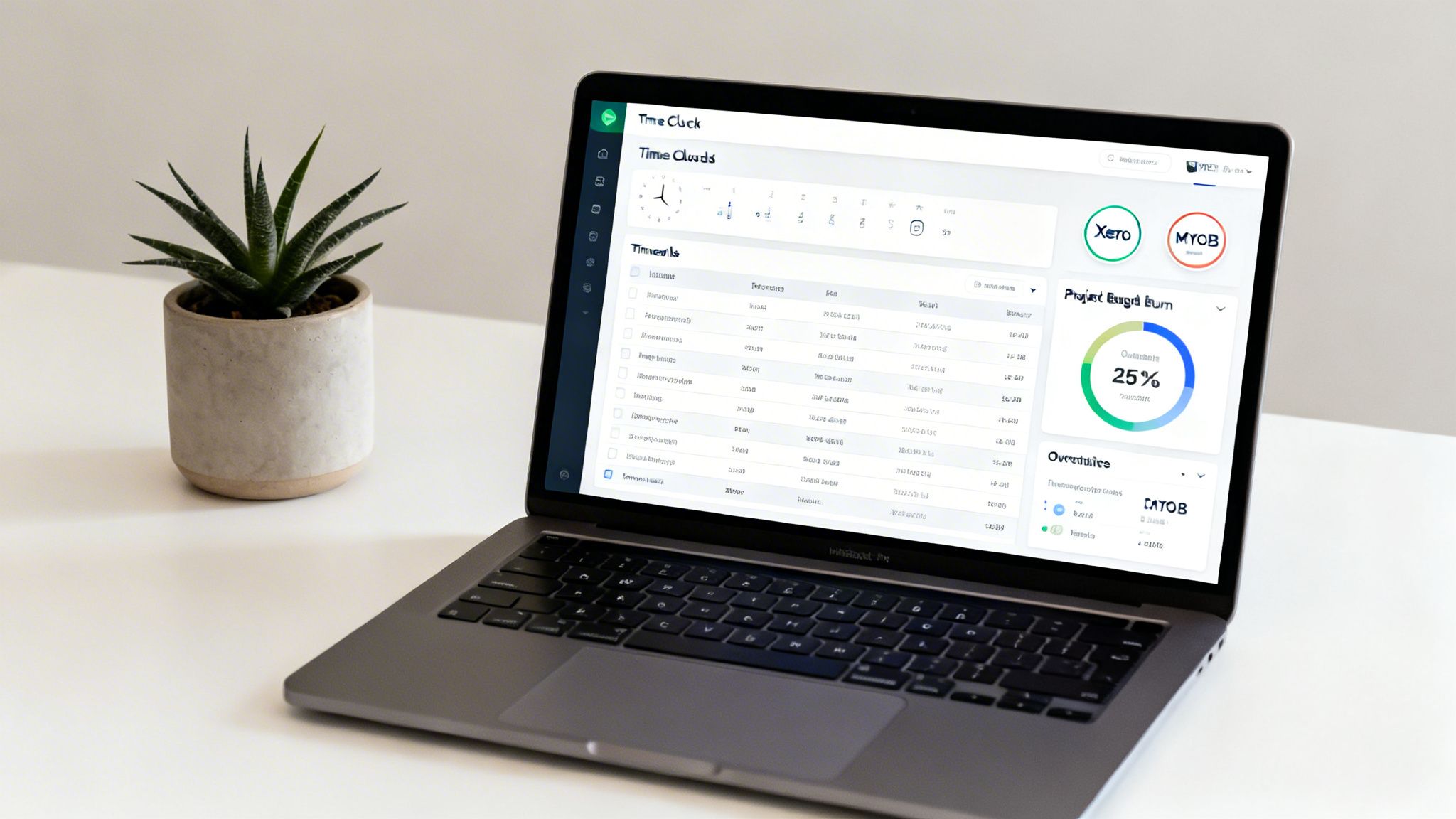 Laptop showing a time clock and project management dashboard on a desk next to a potted plant.