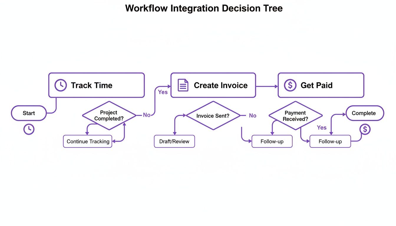 A workflow integration decision tree illustrating steps for time tracking, invoicing, and payment collection.