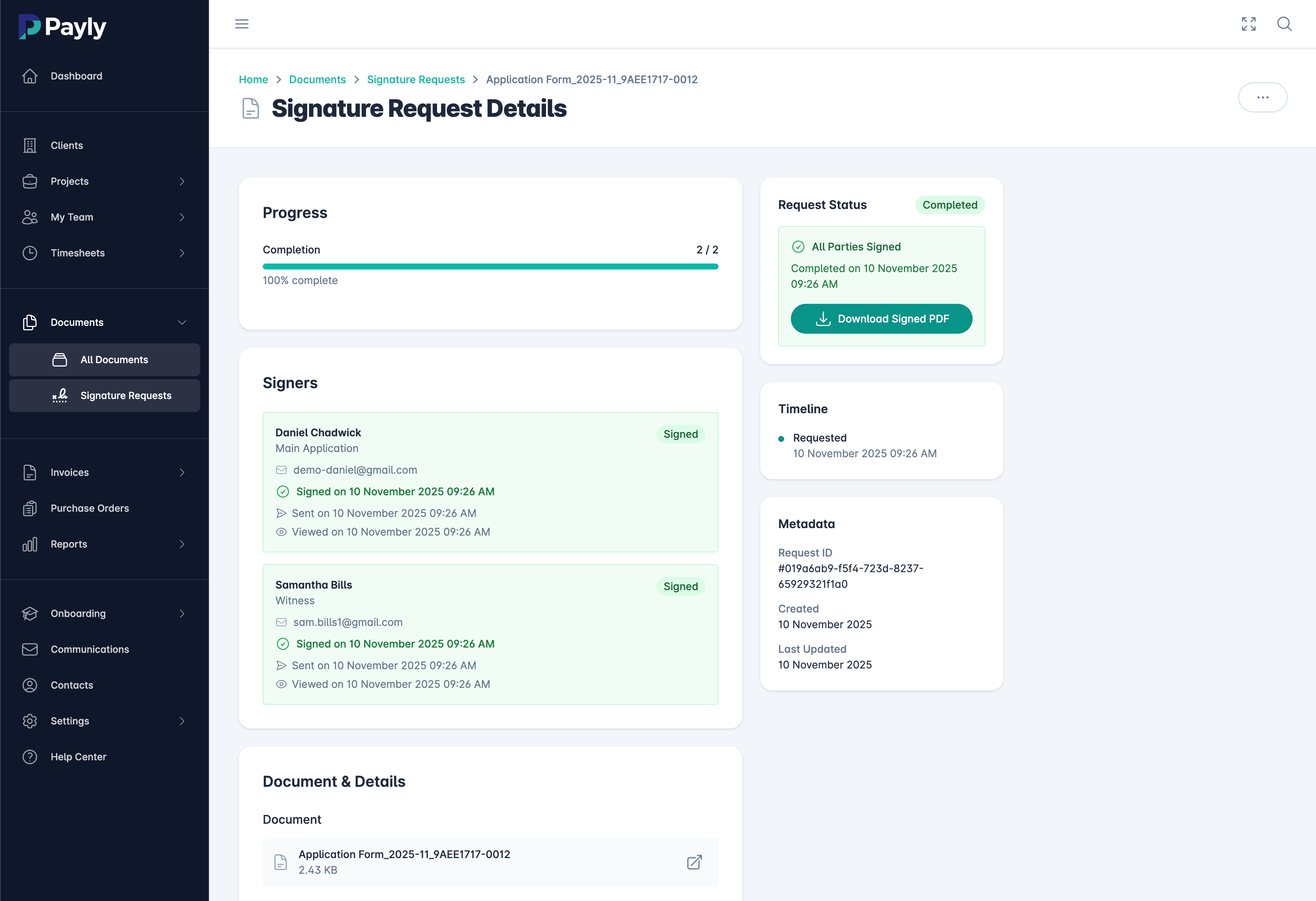 PDF e-signature software showing document signing request with audit trail - DocuSign alternative