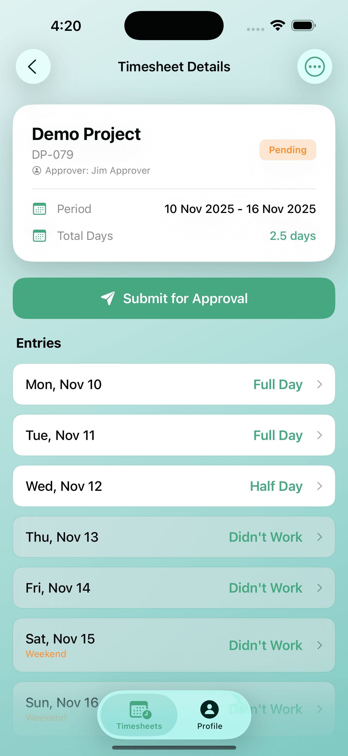 Payly iOS mobile app showing timesheet entry screen for tracking billable hours on the go