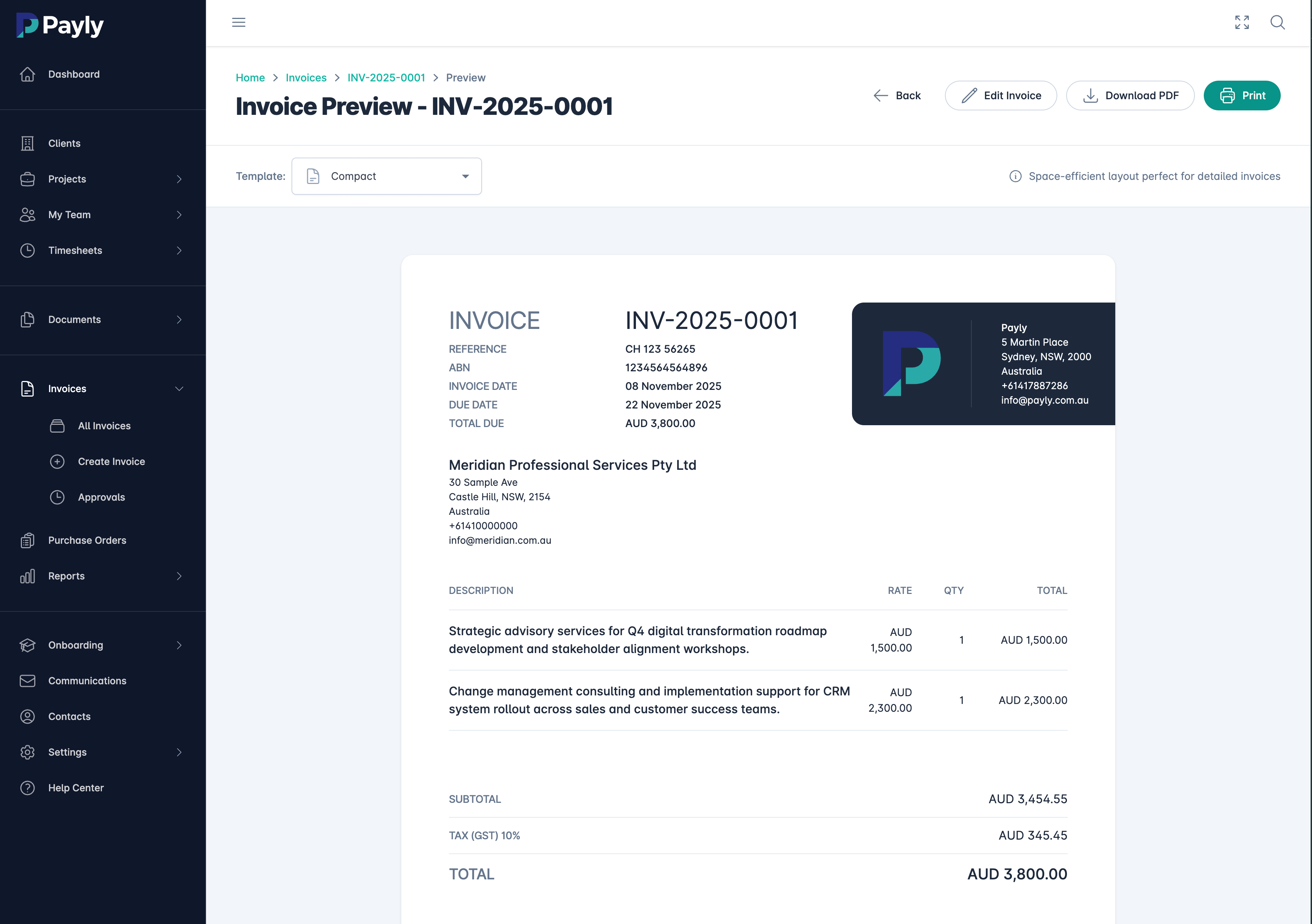 Professional invoice template showing automated invoicing from timesheets in Payly business software