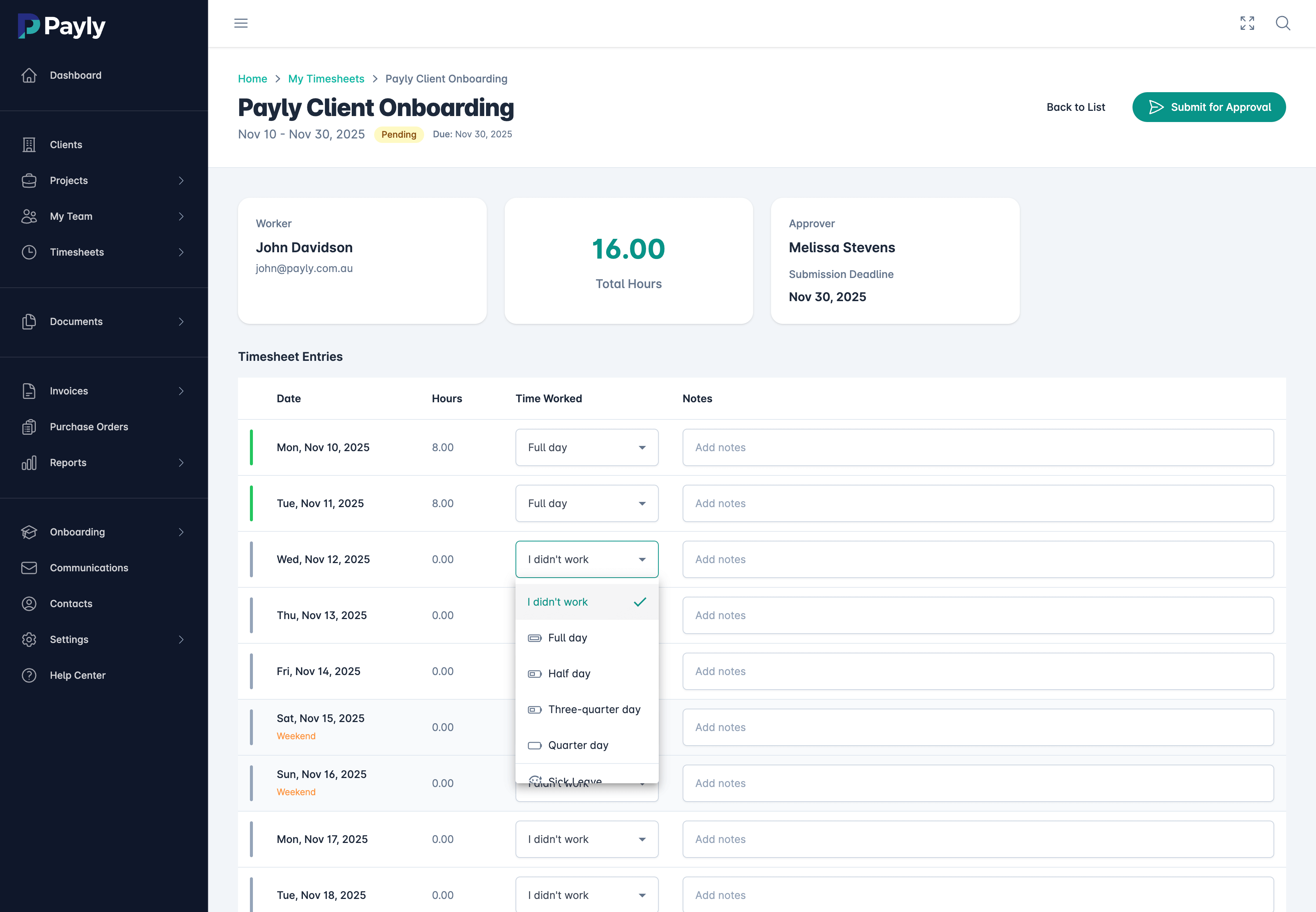 Payly time tracking software interface showing timesheet entry with billable hours tracking for agencies